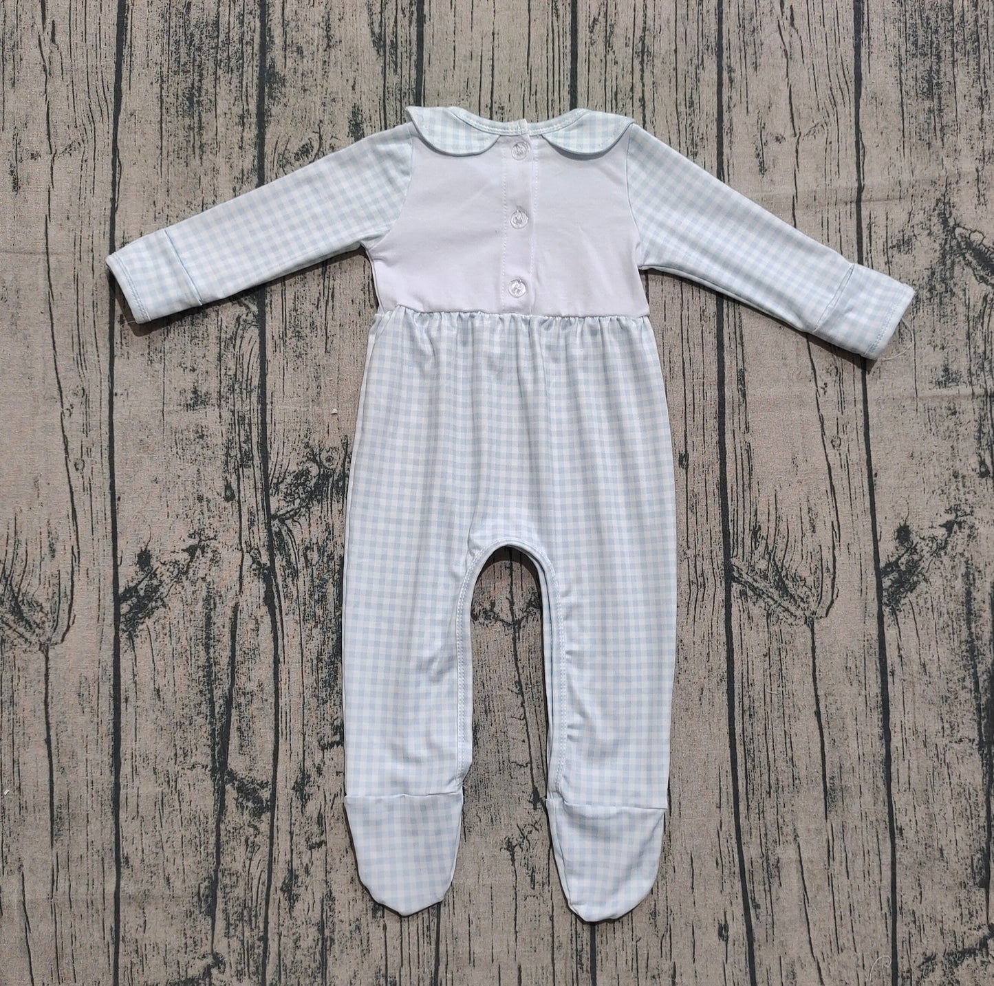 presale LR2560  Baby Girls Light Blue Plaid Pumpkins Fall Footed Rompers D 8.9