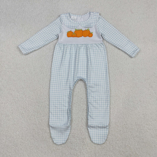LR2560 Embroidery Pumpkins Baby Girls Blue Plaid Fall Footed Rompers D 926