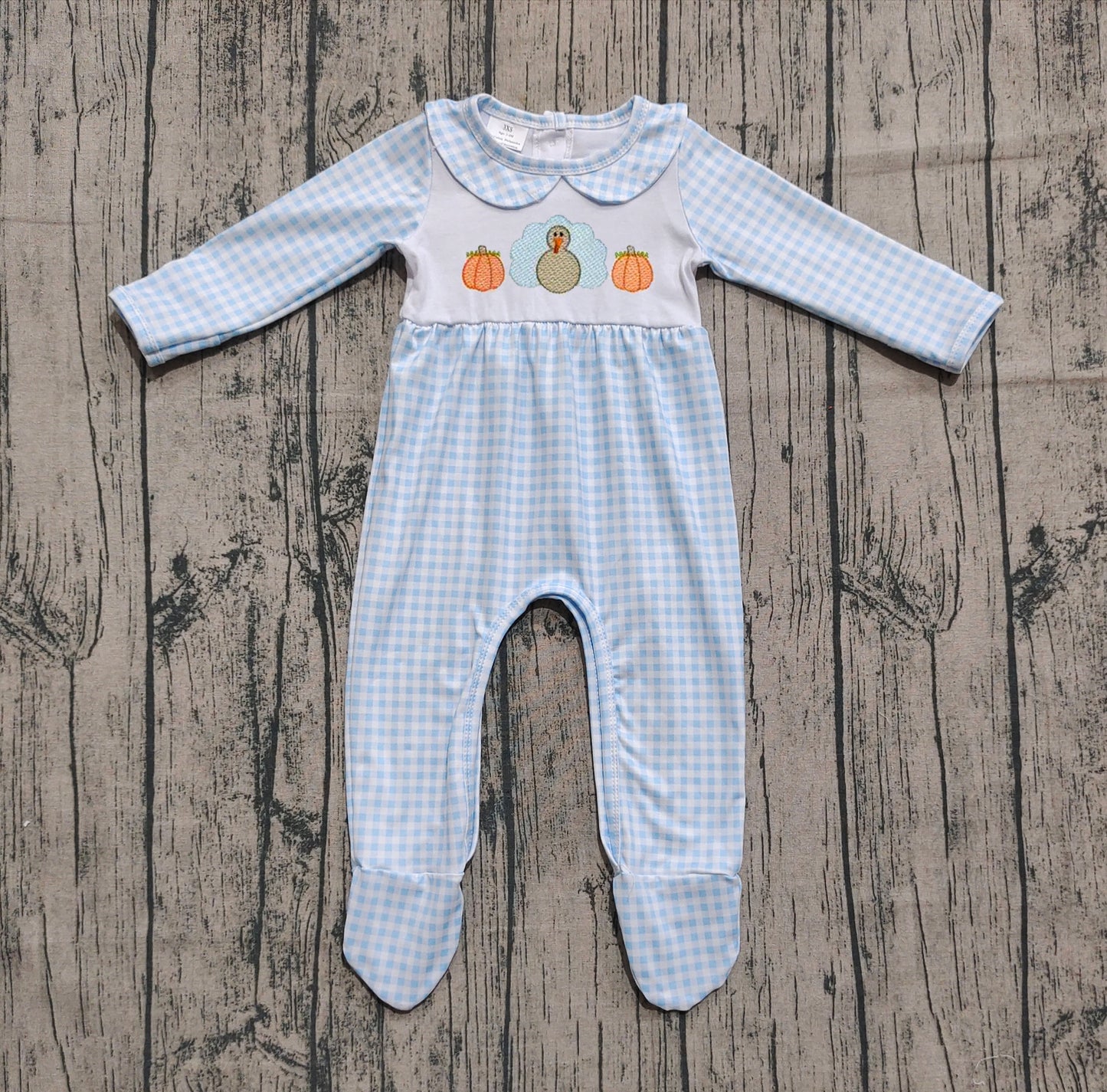 LR2561  Embroidery Pumpkins Turkey Baby Infant Thanksgiving Fall Footed Rompers D 8.9