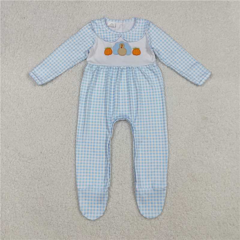 Sibling Embroidery Pumpkins Turkey Baby Infant Thanksgiving Fall Footed Rompers D 927