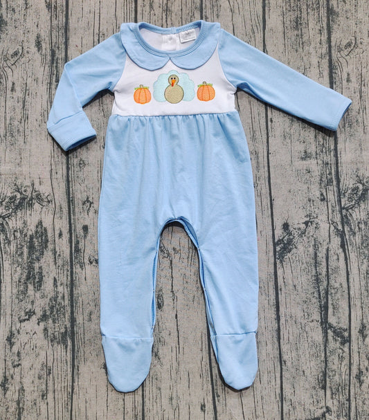 presale LR2562 Baby Boys Blue Pumpkins Turkey Fall Footed Rompers D 8.9