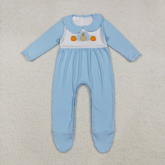 LR2562 Baby Boys Blue Pumpkins Turkey Fall Footed Rompers D 930