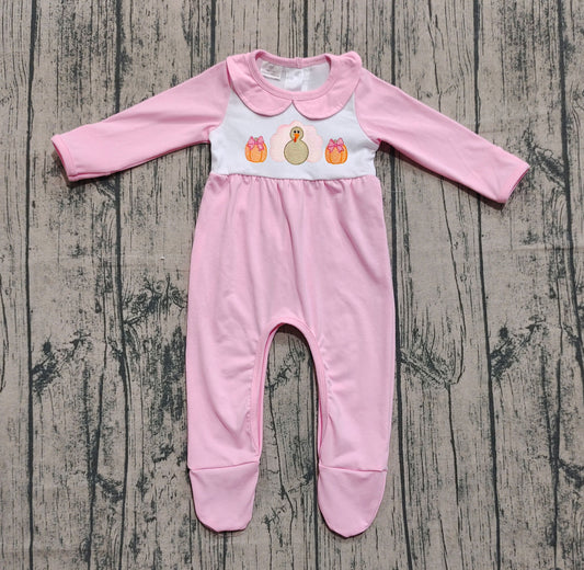 presale LR2563 Baby Girls Pink Pumpkins Turkey Fall Footed Rompers D 8.9