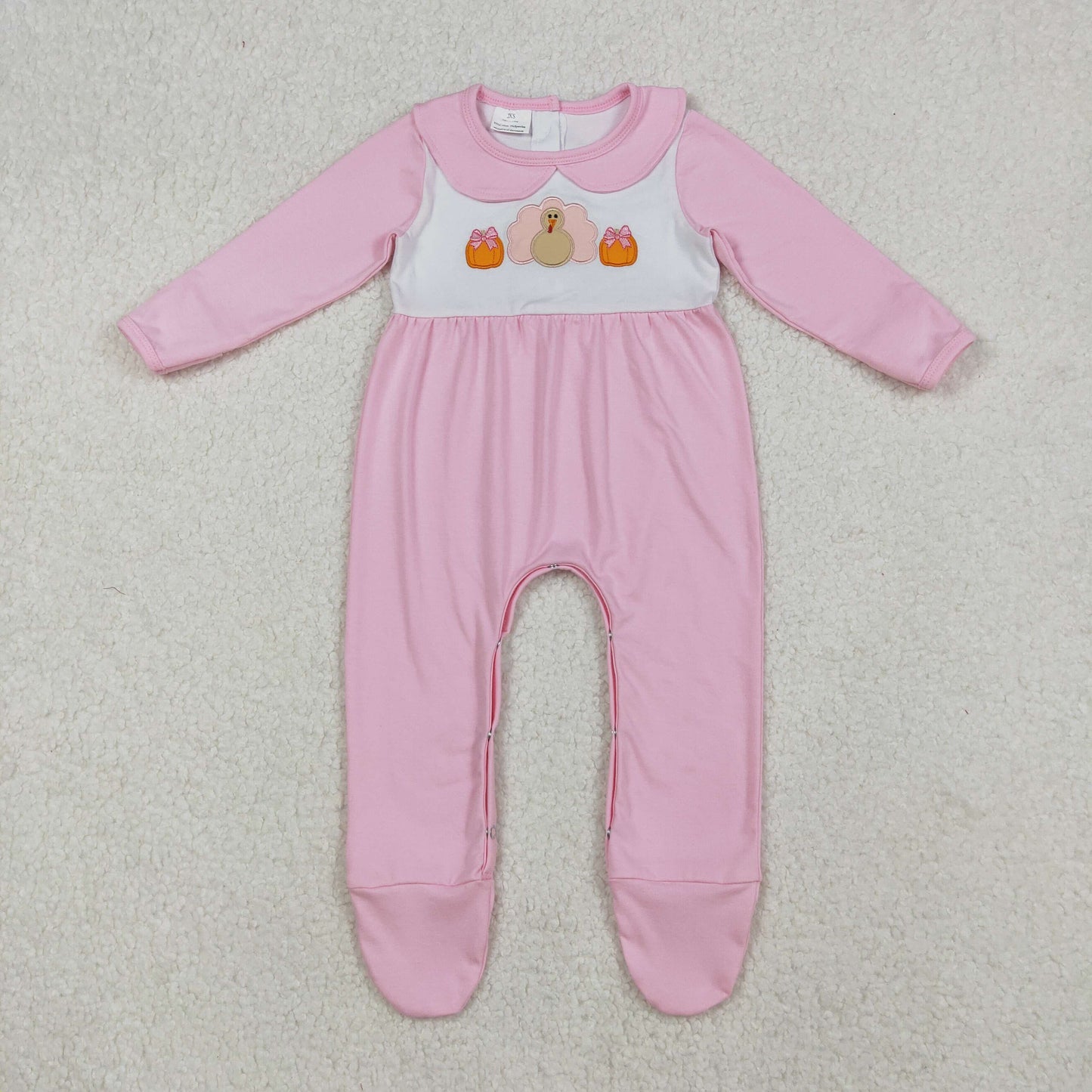 LR2563 Embroidery Pumpkins Turkey Baby Girls Thanksgiving Pink Fall Footed Rompers D 927