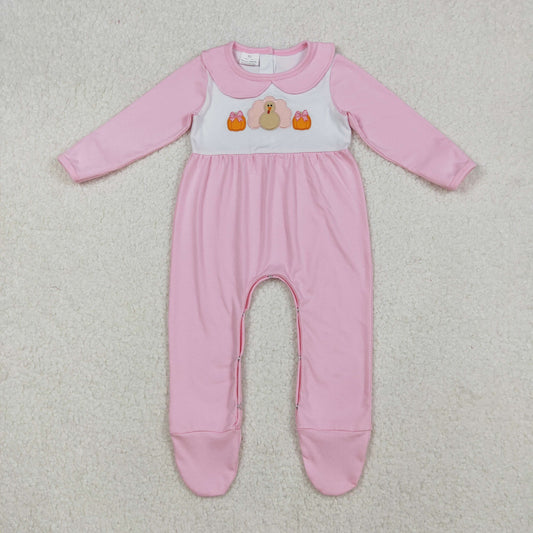 LR2563 Embroidery Pumpkins Turkey Baby Girls Thanksgiving Pink Fall Footed Rompers D 927