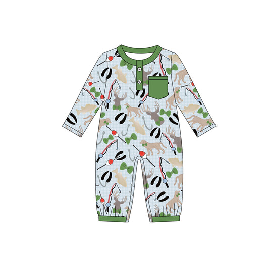 presale LR2564 Baby Boys Green Pocket Button Fishing Footie Rompers D 8.11