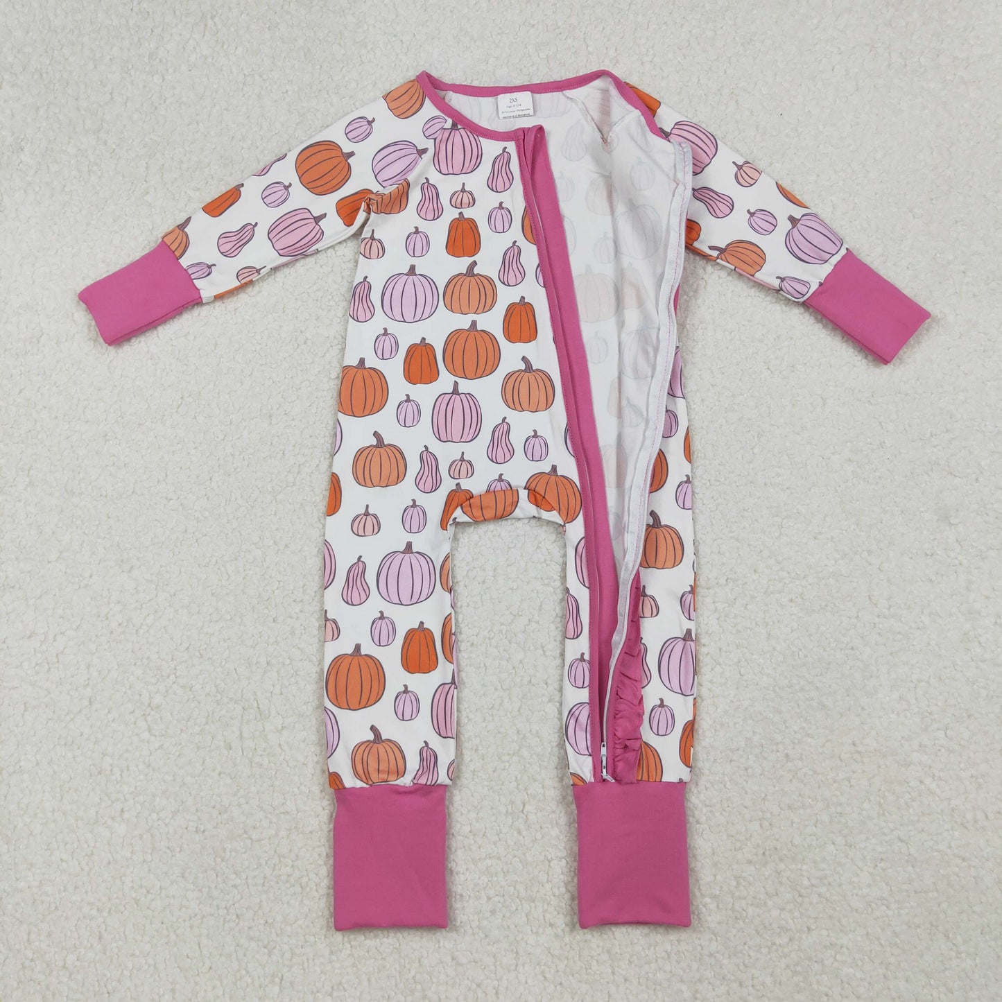 LR2566  Baby Girls Colorful Pumpkins Plaid Fall Ruffle Zipper Footie Rompers D 920