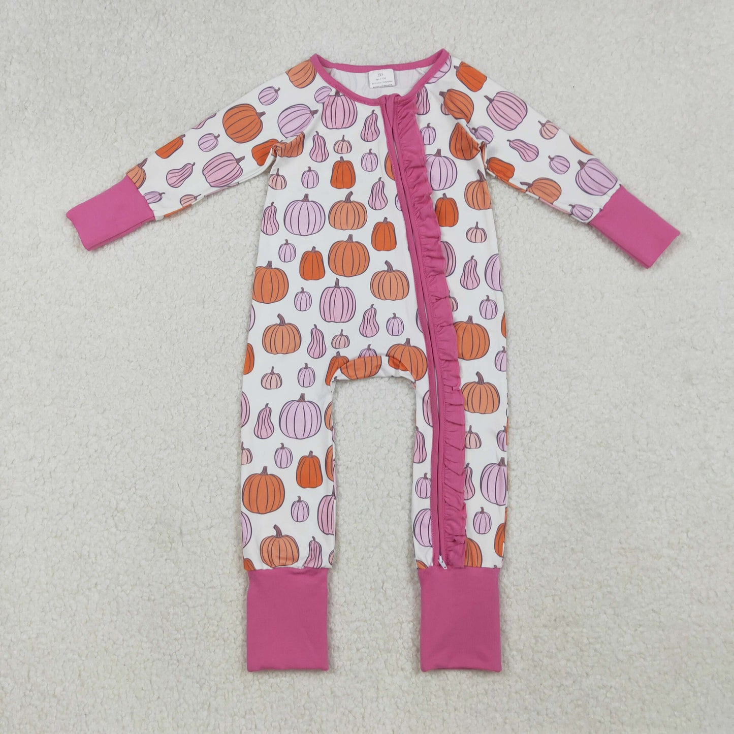 LR2566  Baby Girls Colorful Pumpkins Plaid Fall Ruffle Zipper Footie Rompers D 920