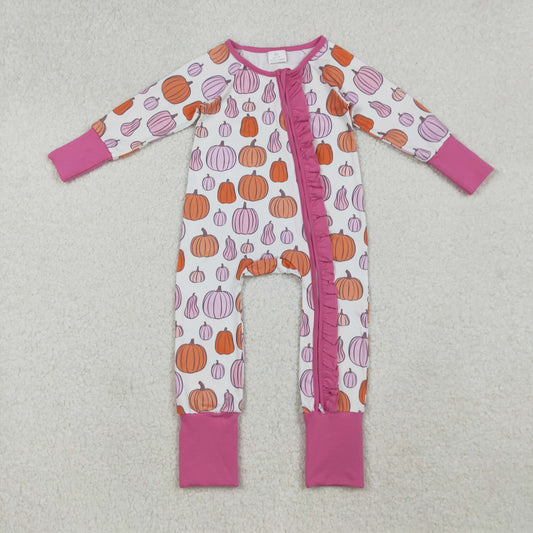 LR2566  Baby Girls Colorful Pumpkins Plaid Fall Ruffle Zipper Footie Rompers D 920
