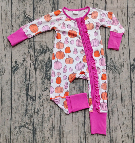 presale LR2566  Baby Girls Colorful Pumpkins Plaid Fall Ruffle Zipper Footie Rompers D 8.11