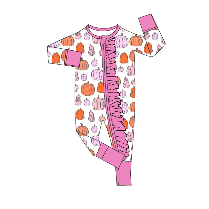 LR2566  Baby Girls Colorful Pumpkins Plaid Fall Ruffle Zipper Footie Rompers D 920