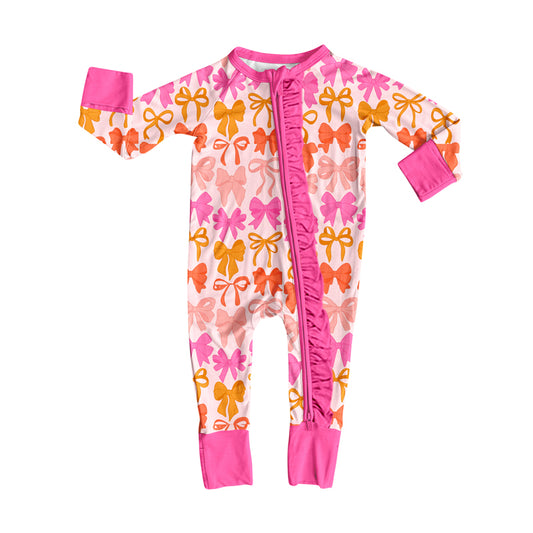 presale LR2567   Baby Girls Pink Bows Plaid Ruffle Zipper Footie Rompers D 8.11