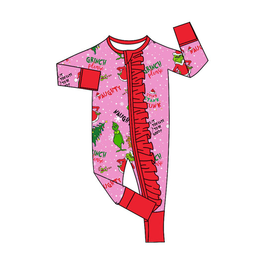 presale LR2570 Baby Girls Green Face Christmas Trees Ruffle Zipper Footie Rompers   D 815