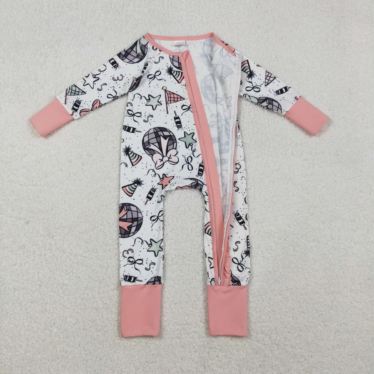 LR2571  Baby Girls Happy New Year Ruffle Zipper Footie Rompers D 1024