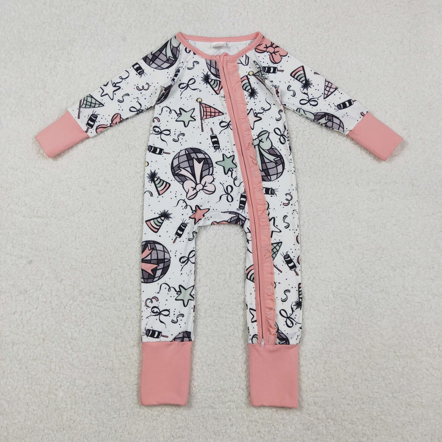 LR2571  Baby Girls Happy New Year Ruffle Zipper Footie Rompers D 1024