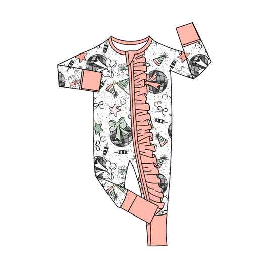 presale LR2571  Baby Girls Happy New Year Ruffle Zipper Footie Rompers D 815