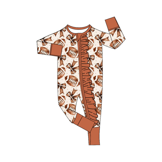 presale LR2572 Baby Girls Footballs Bows Plaid Team Zipper Footie Rompers  D 816