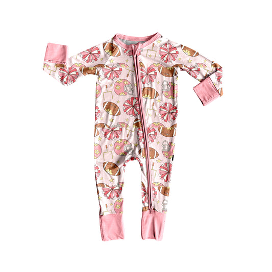 presale LR2573 Baby Girls Footballs Cheer Plaid Team Zipper Footie Rompers  D 816