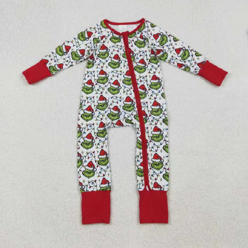 Sibling Baby Boys Green Faces Lights Christmas Pajamas Sets Zipper Footie Rompers  D 919