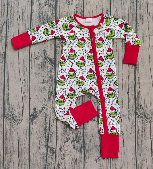 presale LR2574 Baby Boys Christmas Lights Green Face Plaid Zipper Footie Rompers  D 905