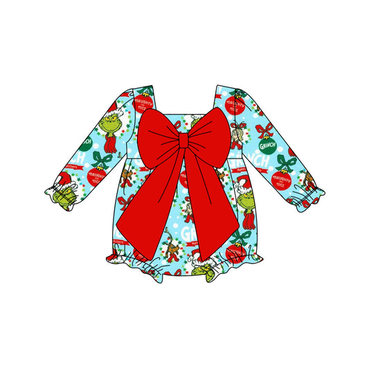 presale LR2575 Baby Girls Christmas Green Face Holly Ruffle Rompers D 816