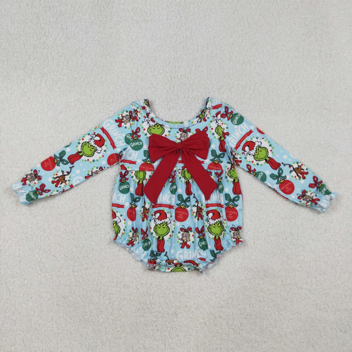 LR2575  Baby Girls Christmas Green Face Holly Ruffle Rompers D 905