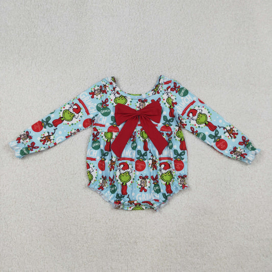 LR2575 Baby Girls Christmas Green Face Holly Ruffle Rompers D 905