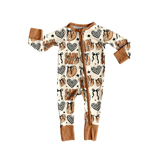 presale LR2577 Game Day Bow Pattern Rugby Plaid Heart Zipper Long Sleeve Bodysuit  D 818