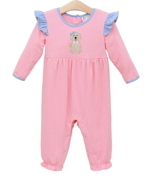 presale LR2580 Baby Girls Pink Stripe Dogs Footie Rompers D 820