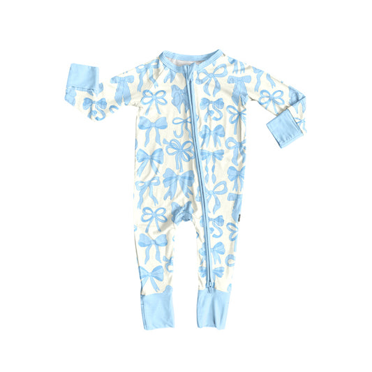 presale LR2581 Baby Boys Light Blue Bows Plaid Zipper Footie Rompers D 820