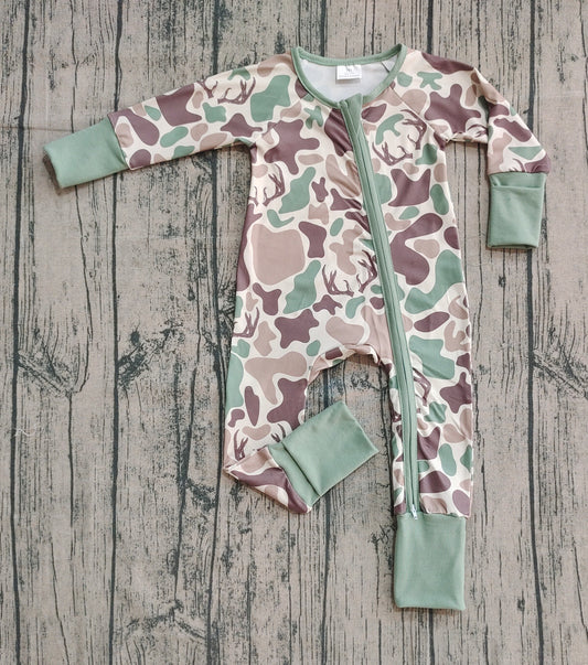 presale LR2582 Baby Boys Brown Deer Camo Western Zipper Footie Rompers  D 904