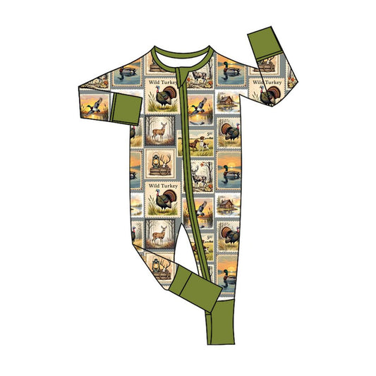 presale LR2583 Baby Boys Ducks Deer Turkey Plaid Hunting Zipper Footie Rompers  D 820