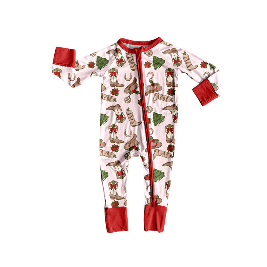 LR2584 Baby Girls Holly Boots Christmas Zipper Footie Rompers  D 905