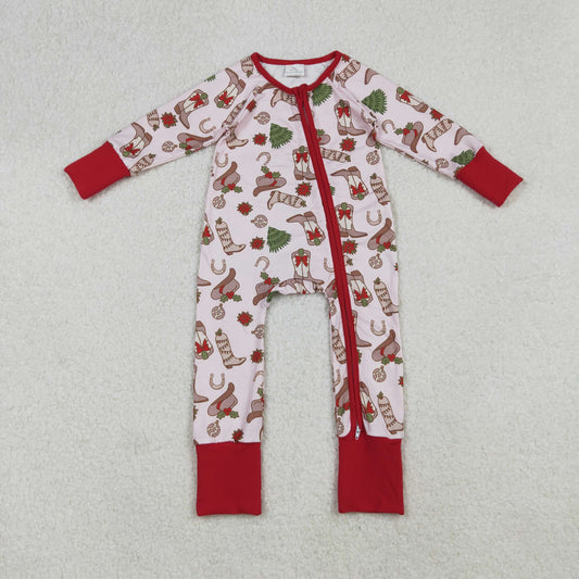 LR2584 Baby Girls Holly Boots Christmas Zipper Footie Rompers  D 905