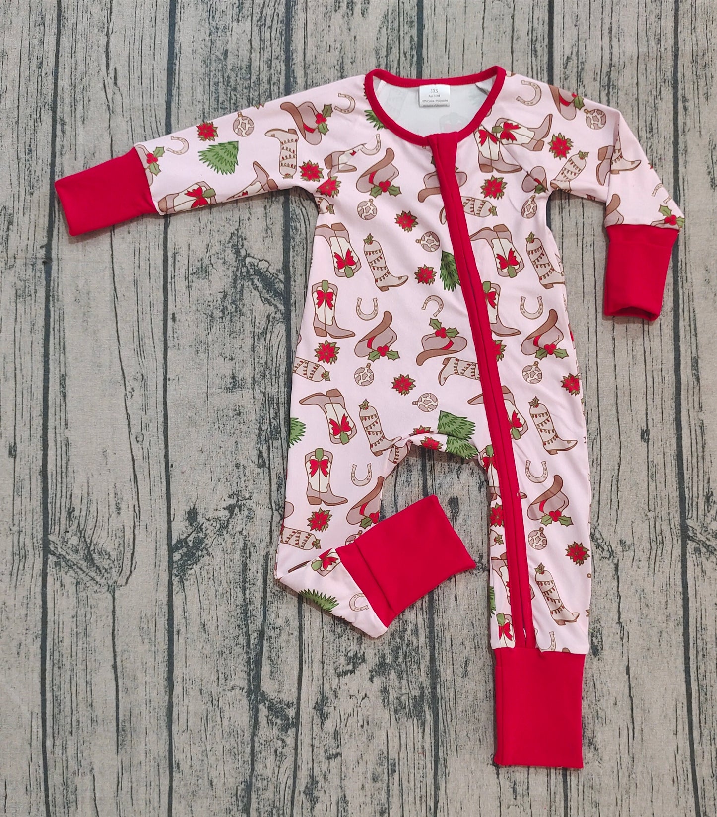 LR2584 Baby Girls Holly Boots Christmas Zipper Footie Rompers  D 905