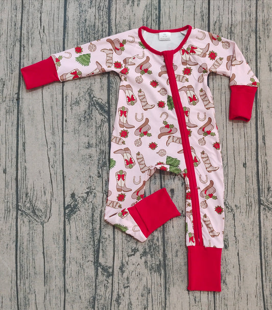 presale LR2584 Baby Girls Holly Boots Christmas Zipper Footie Rompers  D 905