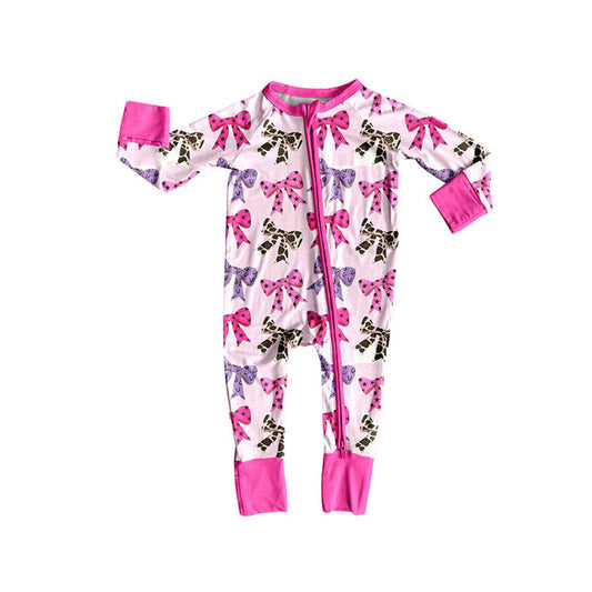 presale LR2585 Baby Girls Colorful Bows Plaid Fall Zipper Footie Rompers D 820