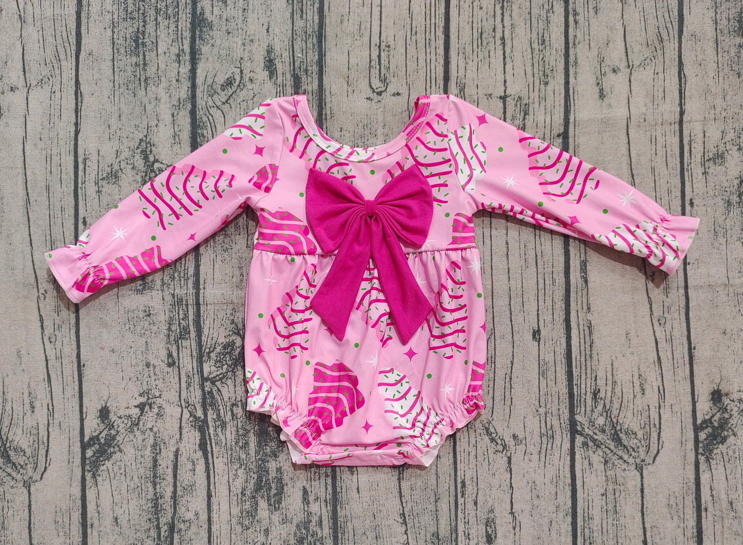 LR2586 Baby Girls Pink Christmas Trees Stars Plaid Bows Ruffle Rompers  D 905