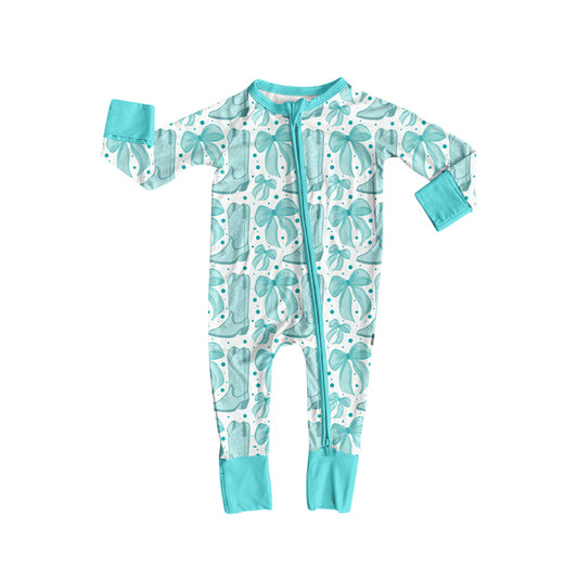 presale LR2587 Baby Boys Aqua Bows Boots Plaid Zipper Footie Rompers  D 821