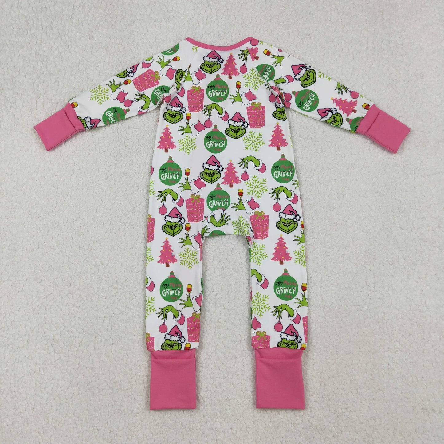 LR2588  Baby Girls Green Face Gifts Christmas Zipper Footie Rompers D 905