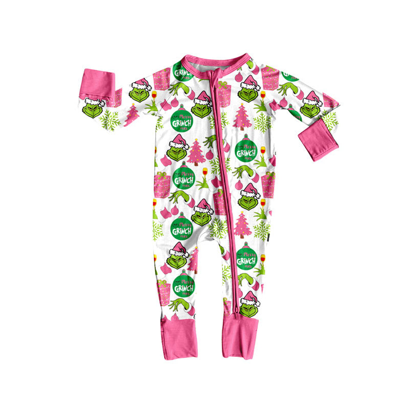 LR2588  Baby Girls Green Face Gifts Christmas Zipper Footie Rompers D 905