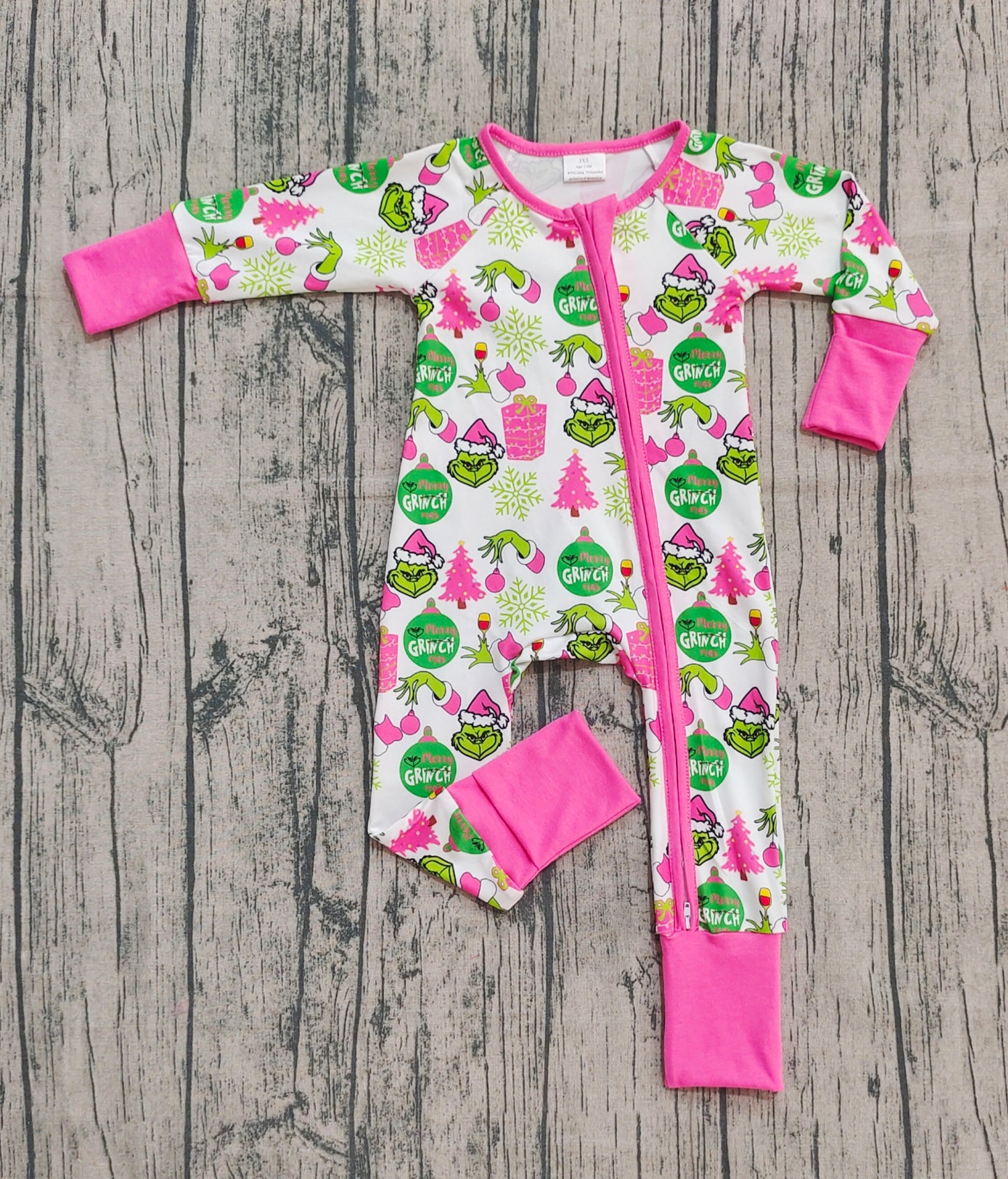 LR2588  Baby Girls Green Face Gifts Christmas Zipper Footie Rompers D 905