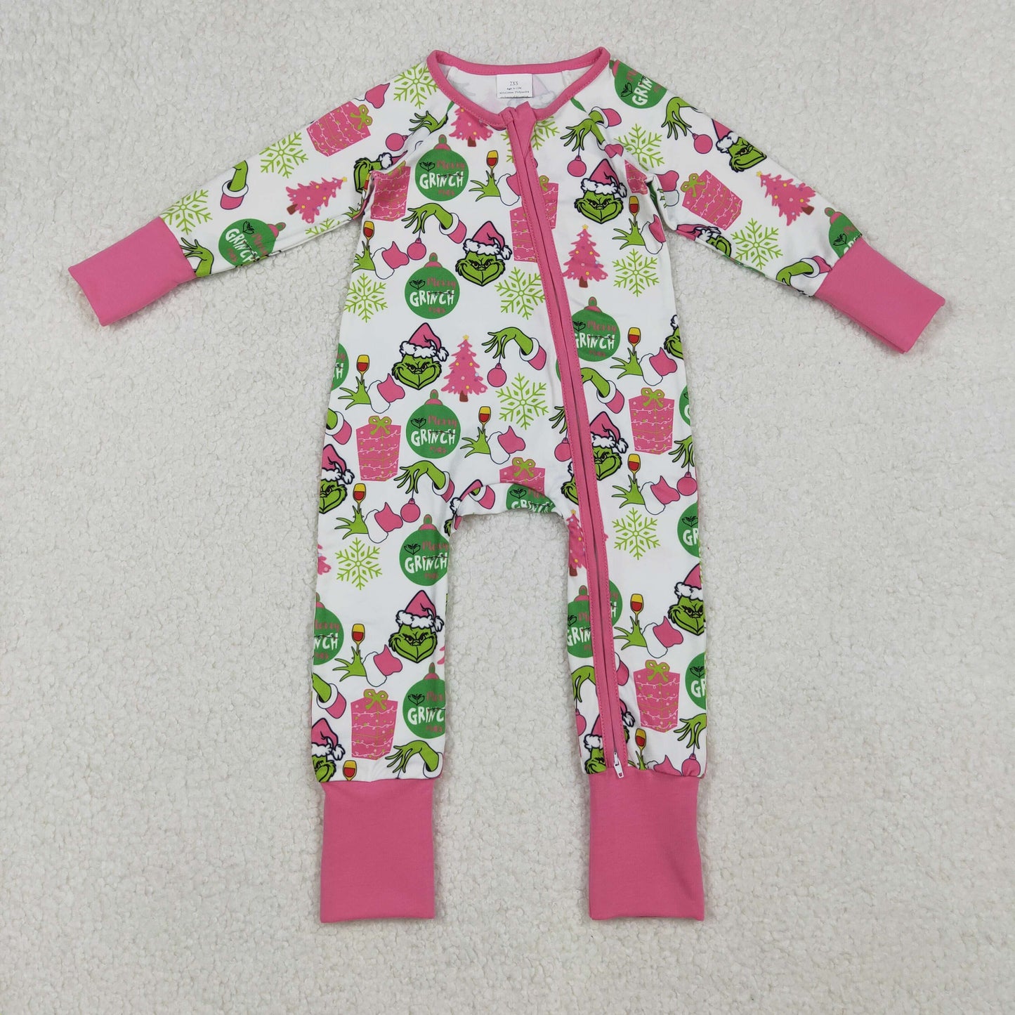 LR2588  Baby Girls Green Face Gifts Christmas Zipper Footie Rompers D 905