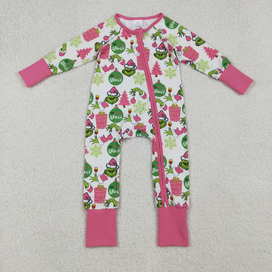 LR2588  Baby Girls Green Face Gifts Christmas Zipper Footie Rompers D 905