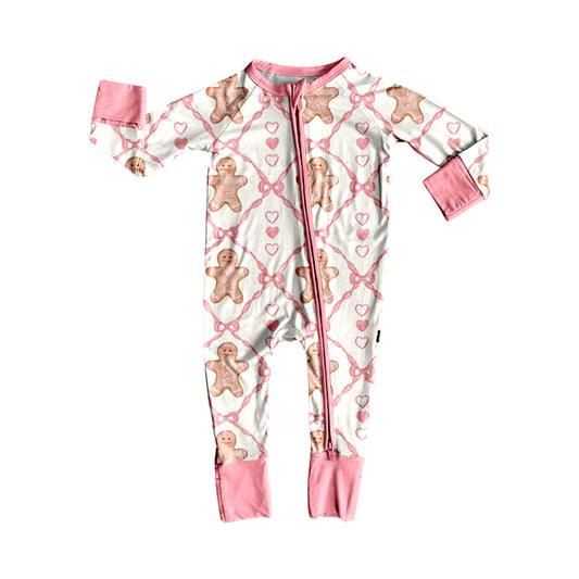 presale LR2589  Baby Girls Pink Hearts Gingerbread Plaid Christmas Zipper Footie Rompers D 821