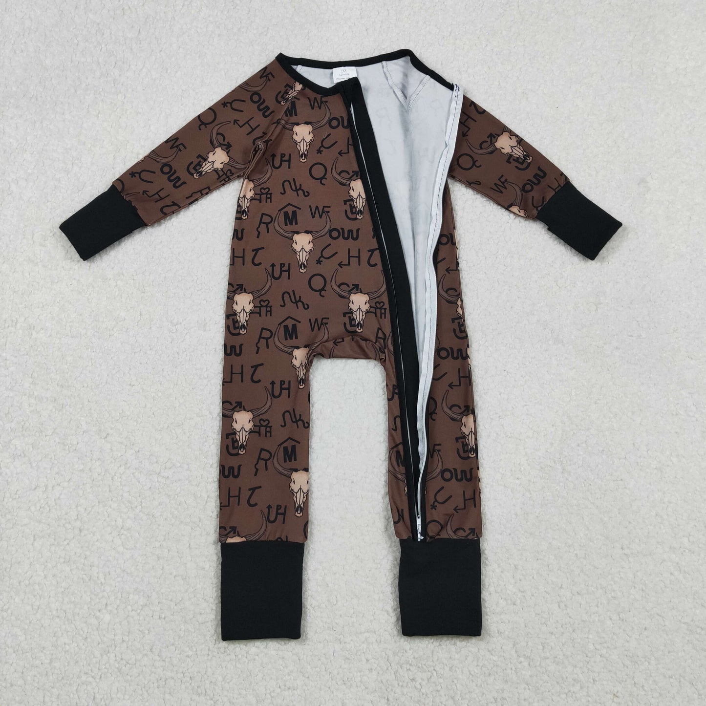 LR2591  Baby Boys Brown Bull Skulls Western Zipper Footie Rompers  D 1009