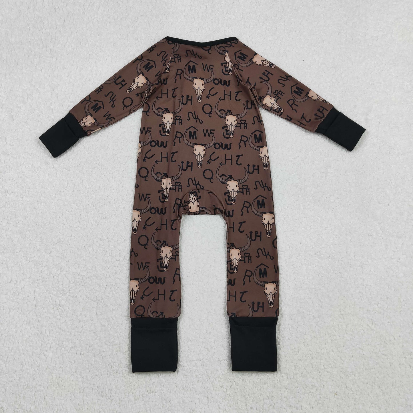 LR2591  Baby Boys Brown Bull Skulls Western Zipper Footie Rompers  D 1009
