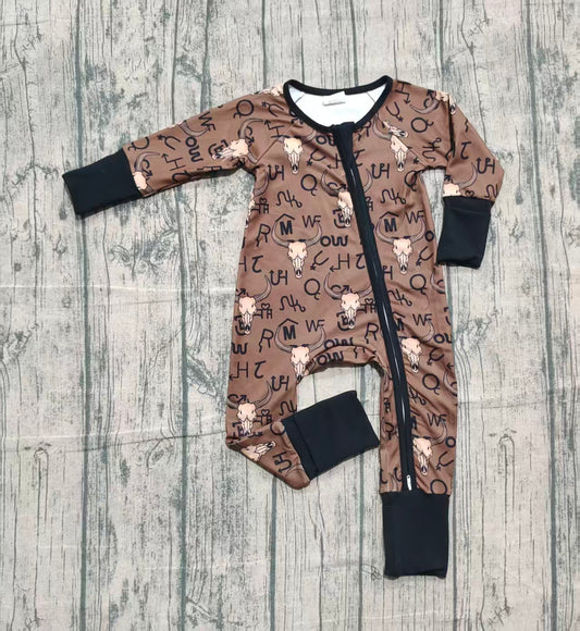 presale LR2591  Baby Boys Brown Bull Skulls Western Zipper Footie Rompers  D 1009