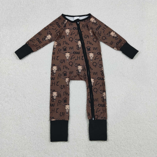 LR2591  Baby Boys Brown Bull Skulls Western Zipper Footie Rompers  D 1009