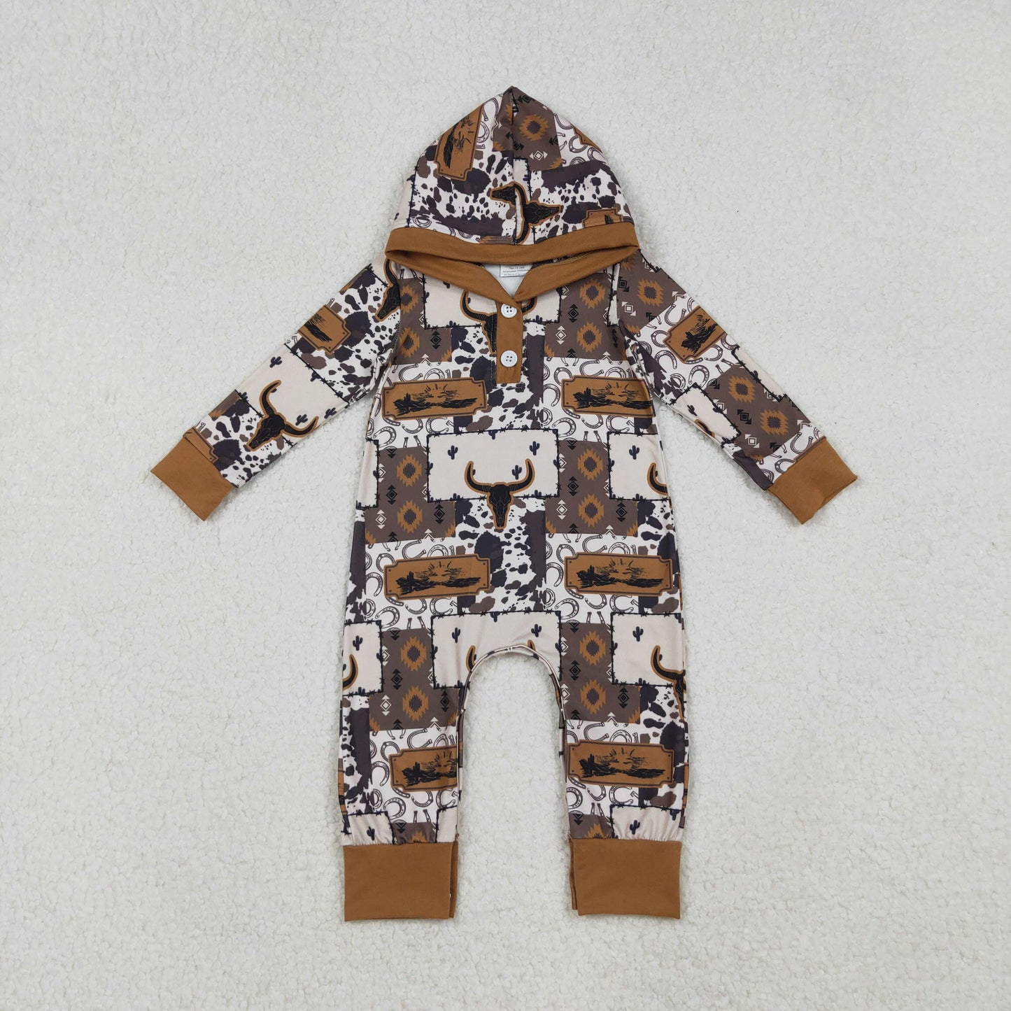 LR2592 Baby Boys Brown Aztec Bull Skulls Western Button Hoodie Footie Rompers  D 918